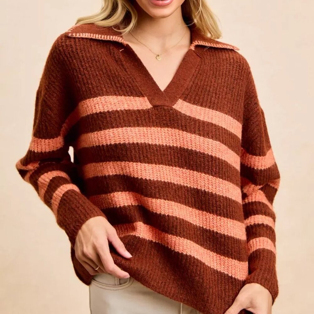 BiBi Striped Sweater Top with Collar Stitched Details